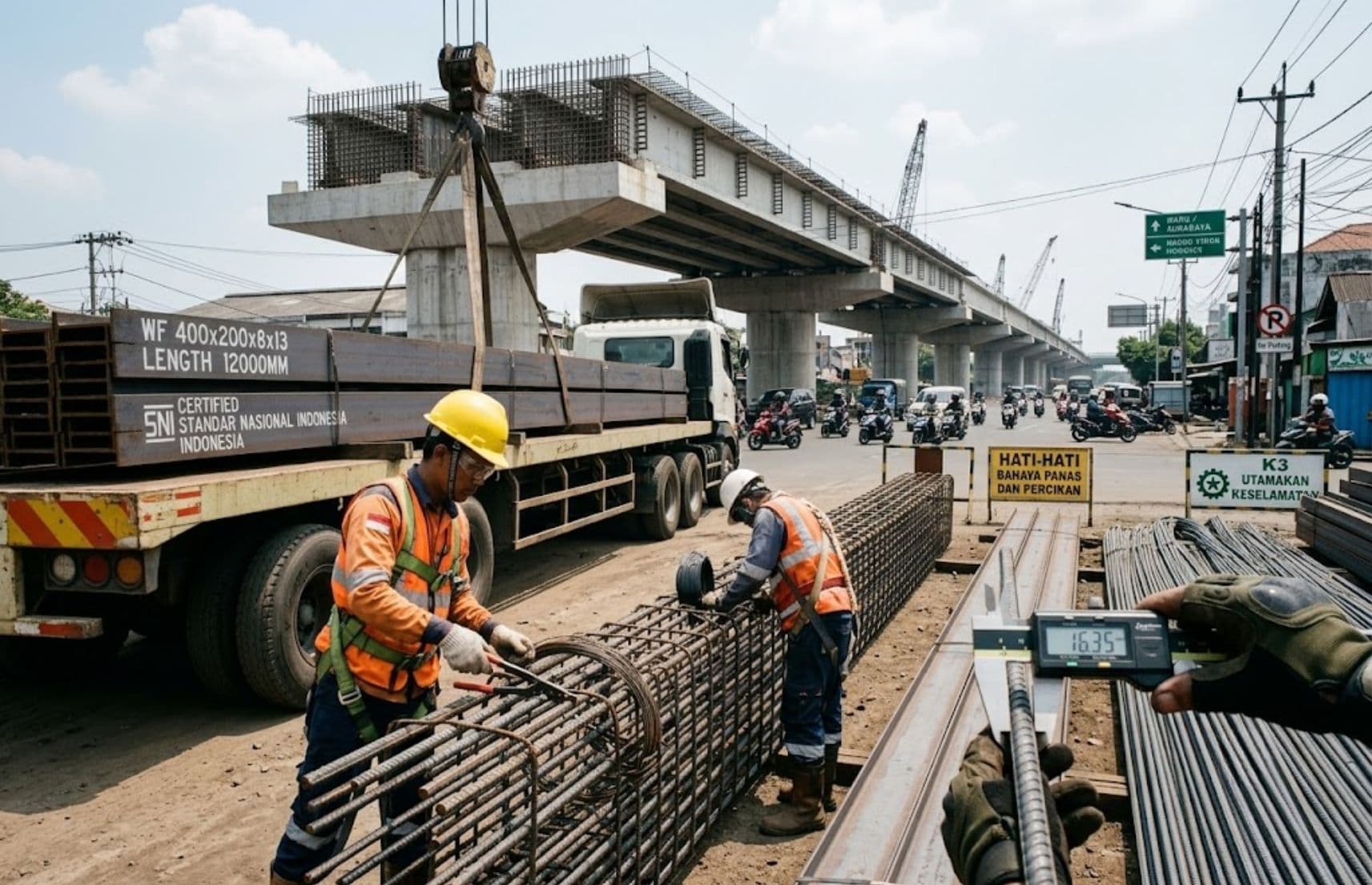 Proses bongkar muat besi WF di site proyek Surabaya untuk menjaga margin proyek.