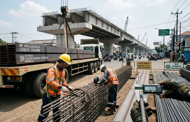Proses bongkar muat besi WF di site proyek Surabaya untuk menjaga margin proyek.