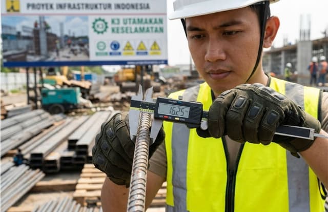 Tim Quality Control proyek mengukur diameter nominal besi beton ulir menggunakan jangka sorong untuk memastikan kesesuaian toleransi SNI 2052:2017 guna menghindari penolakan Material Kementerian PUPR