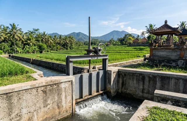 Konstruksi pintu air baja kokoh di bendungan irigasi sekunder daerah pedesaan, menahan tekanan air saluran yang menuju sawah terasering.
