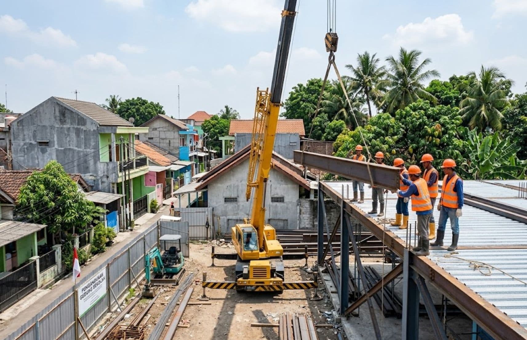 Proses ereksi baja WF menggunakan mobile crane pada proyek konstruksi gedung sekolah di area pemukiman padat Indonesia.