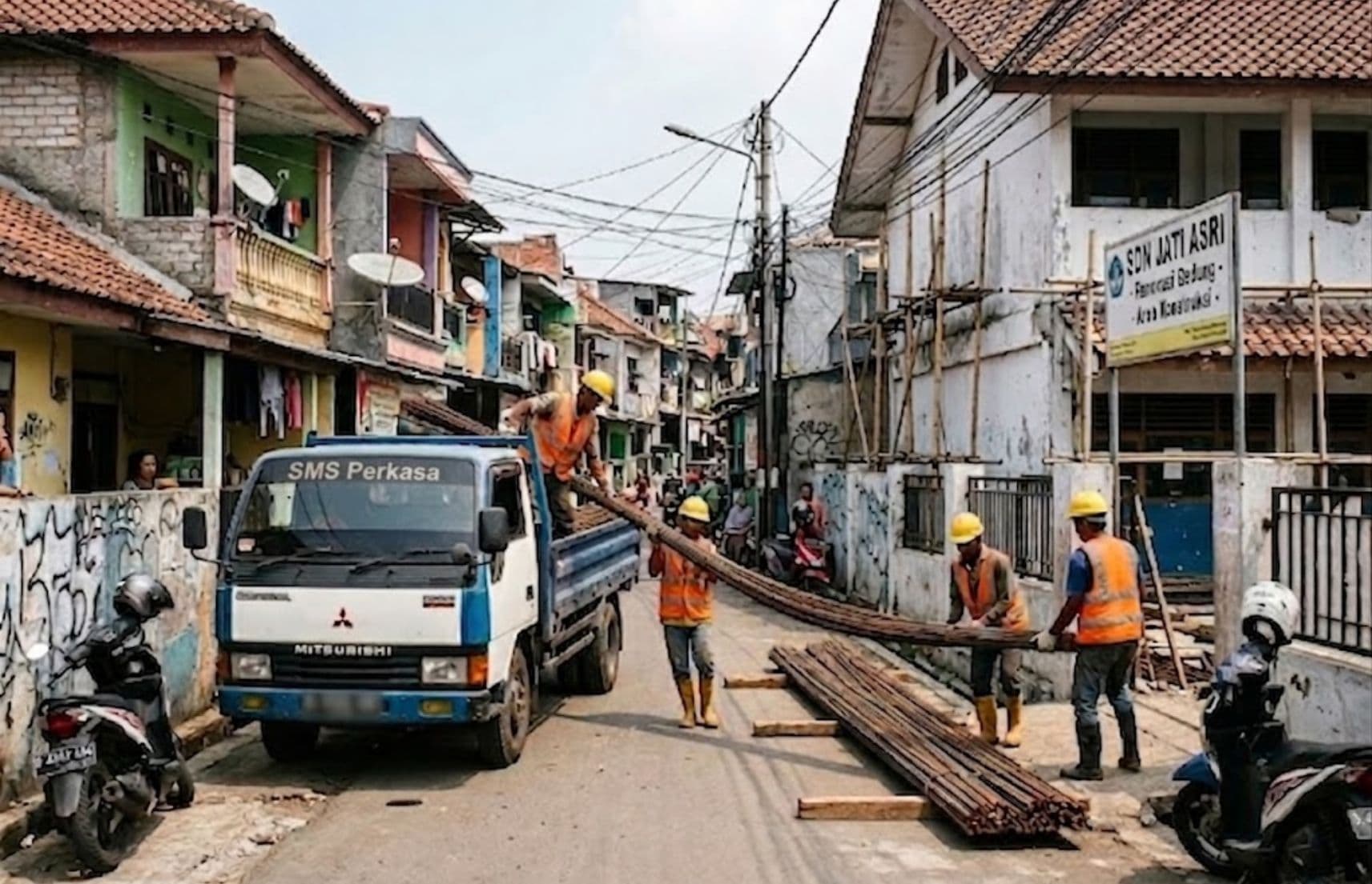 Proses bongkar muat besi beton dari truk engkel di lahan sempit depan sekolah rakyat