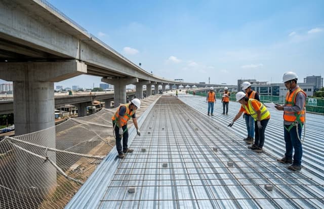 Pemasangan plat decking galvanis dan wiremesh untuk lantai Konstruksi Pelat Lantai Jalan Layang