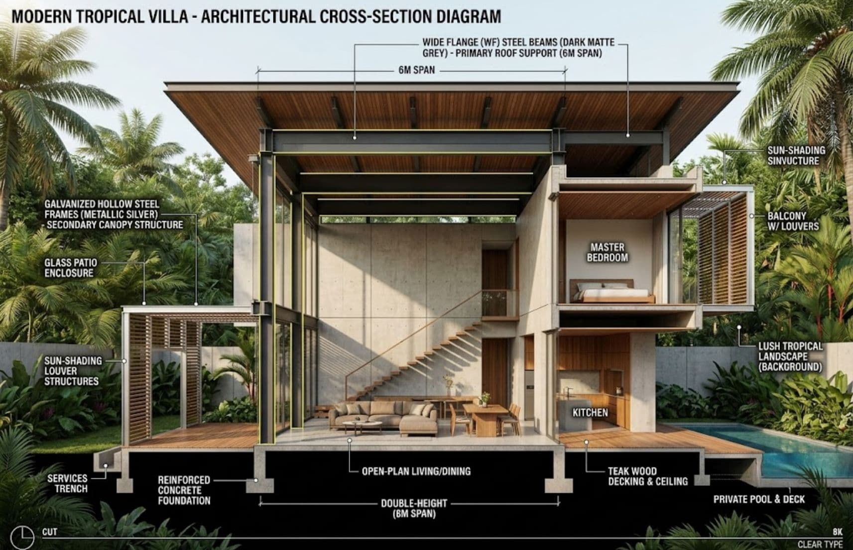 Potongan arsitektur 3D villa tropical modern menampilkan rangka baja terekspos besi WF bentang lebar dan besi hollow galvanis.