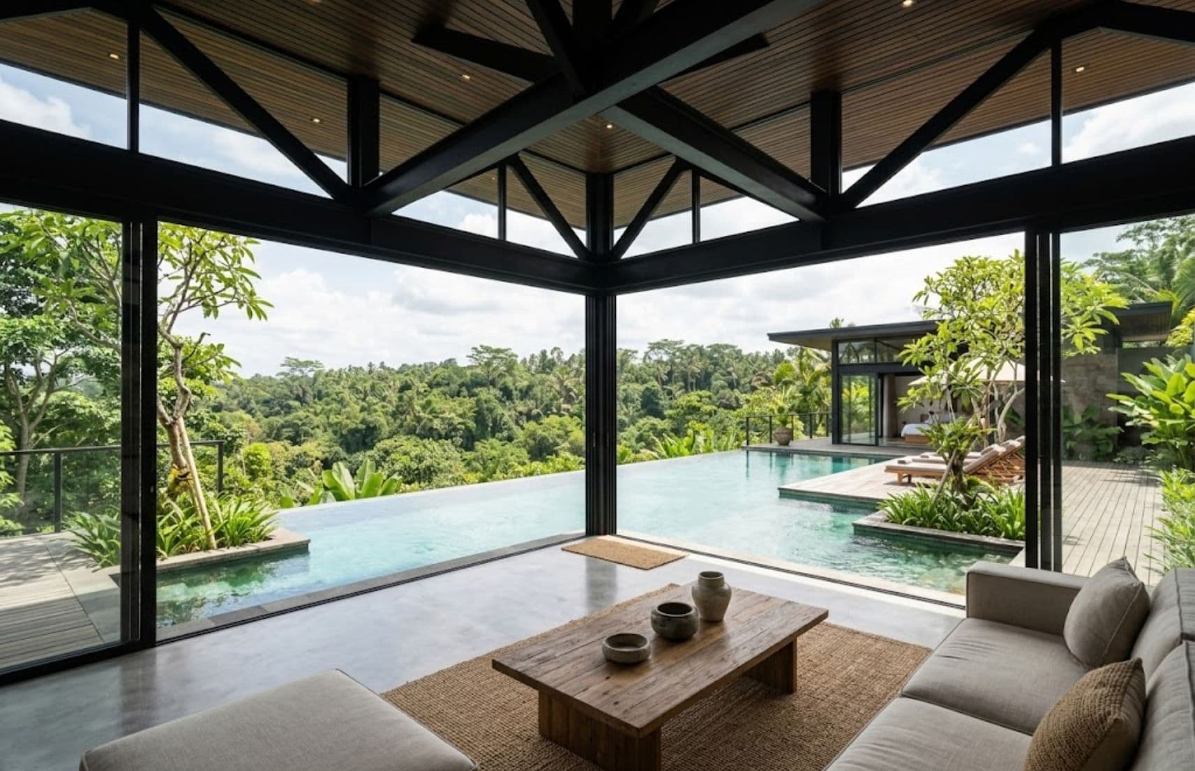 Structural H-Beam frame support for wide-span glass wall on a luxury tropical villa in Bali Indonesia.