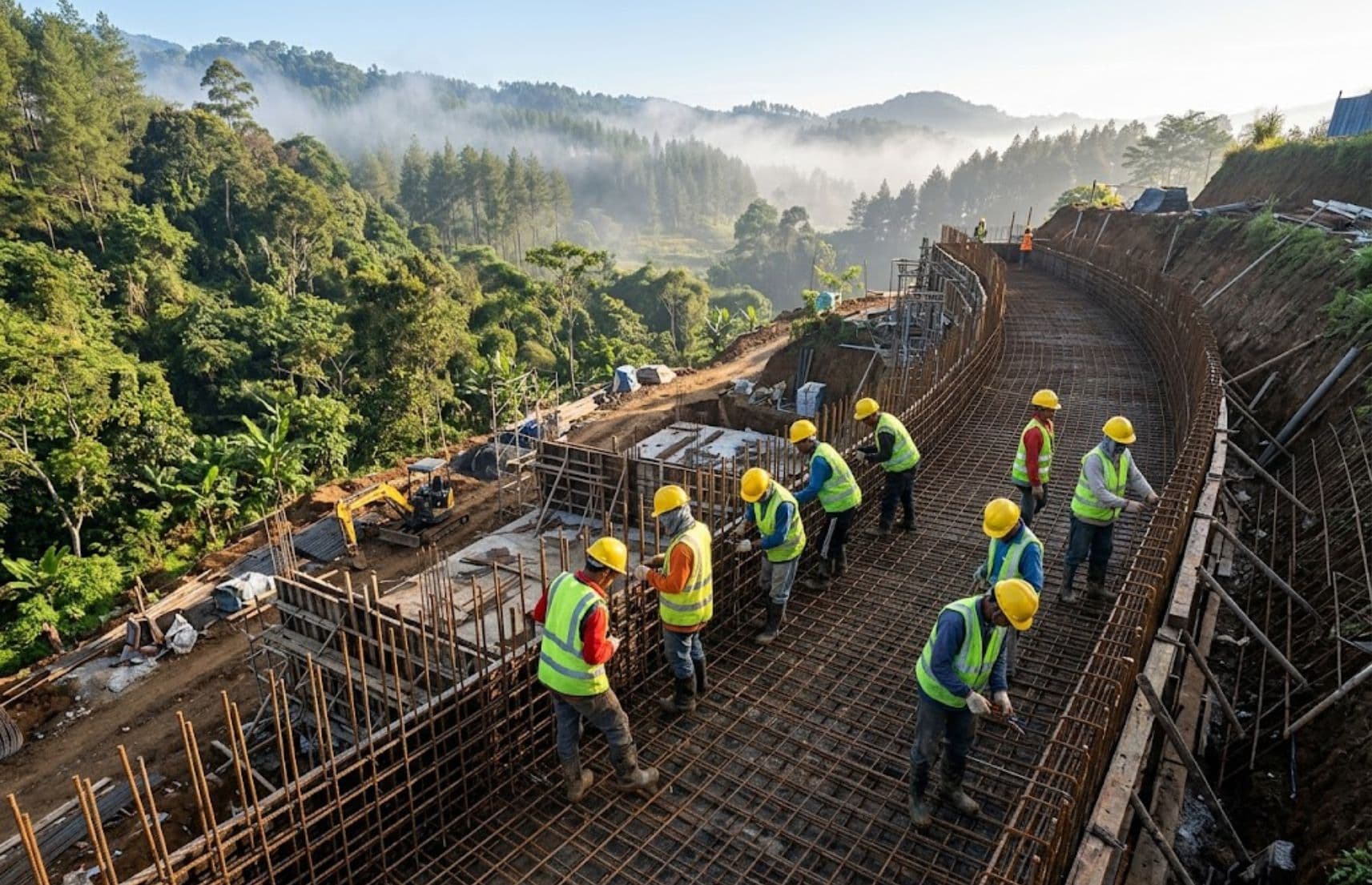 Pekerja konstruksi merakit struktur pondasi besi beton tahan gempa untuk villa di lahan kontur miring.