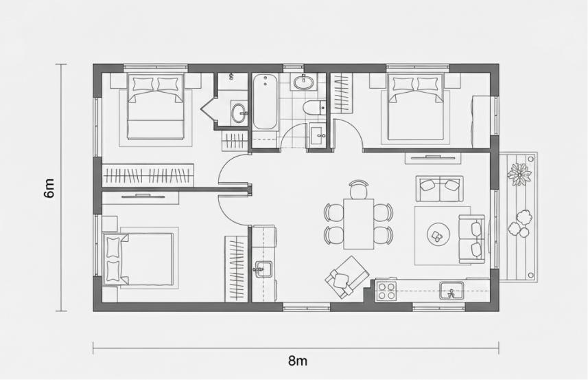 Denah Rumah Minimalis 2 Kamar 6x8