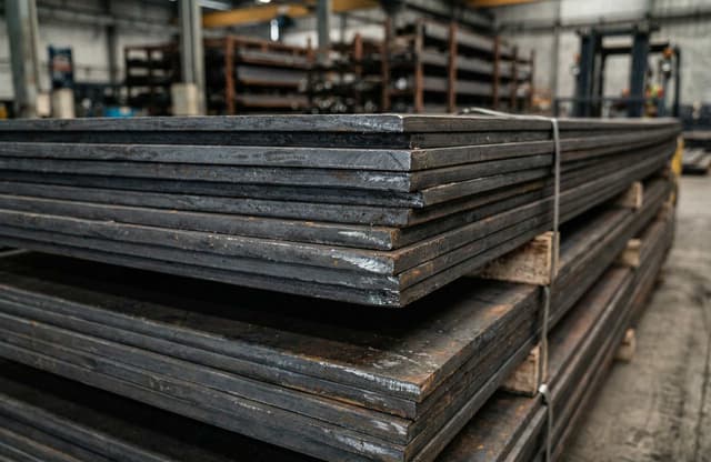 Tumpukan plat besi hitam standar SNI di gudang distributor baja.