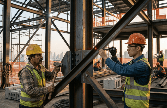 Proses pengelasan plat sambung pada rangka atap besi siku di lokasi proyek
