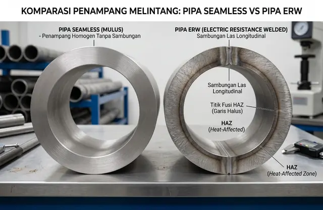 Perbedaan penampang melintang pipa seamless dan pipa welded ERW.