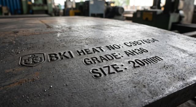 Stempel pengesahan plat kapal BKI dengan nomor heat untuk jaminan traceability material konstruksi maritim.