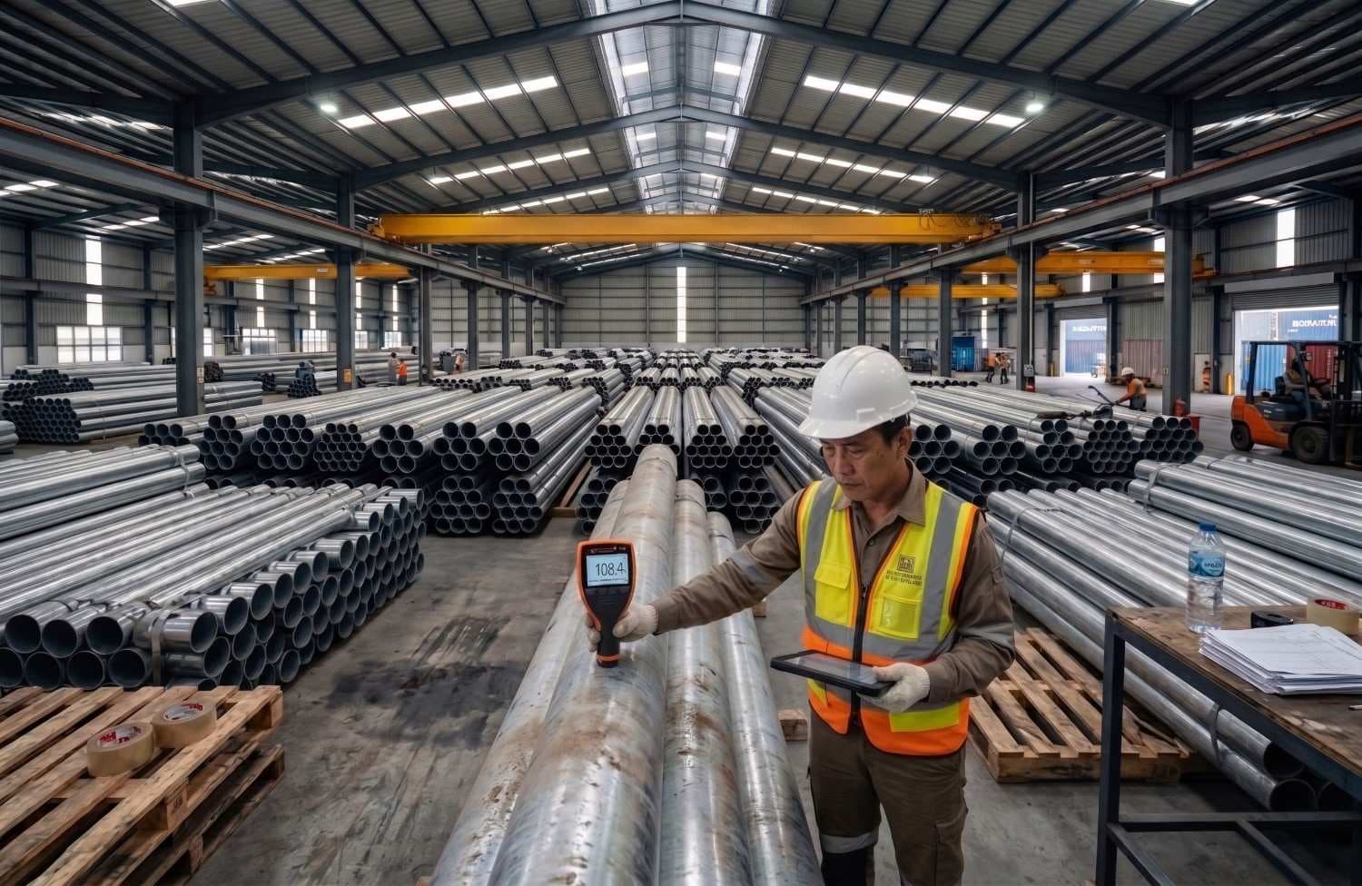 Inspektur kualitas melakukan verifikasi ketebalan mikron pada stok pipa galvanis SNI di fasilitas logistik