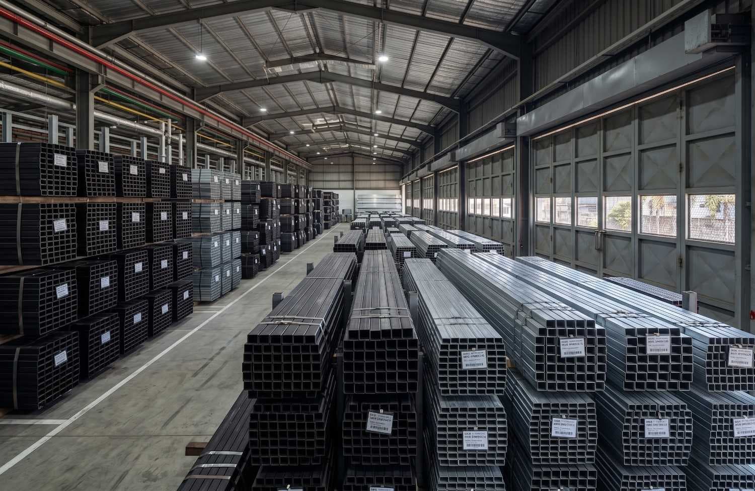 tumpukan besi hollow hitam dan galvanis di gudang distributor