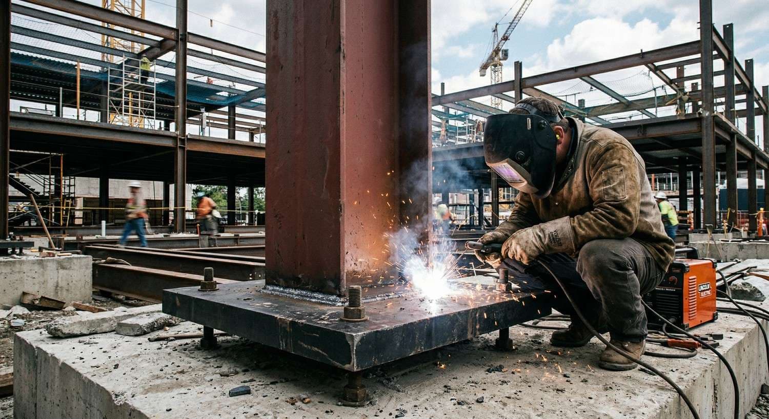 Aplikasi plat hitam grade struktural untuk base plate kolom bangunan sesuai standar SNI 8522:2024.