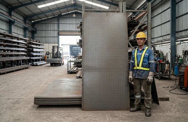 Pekerja industri berdiri di depan tumpukan plat logam bordes di gudang baja