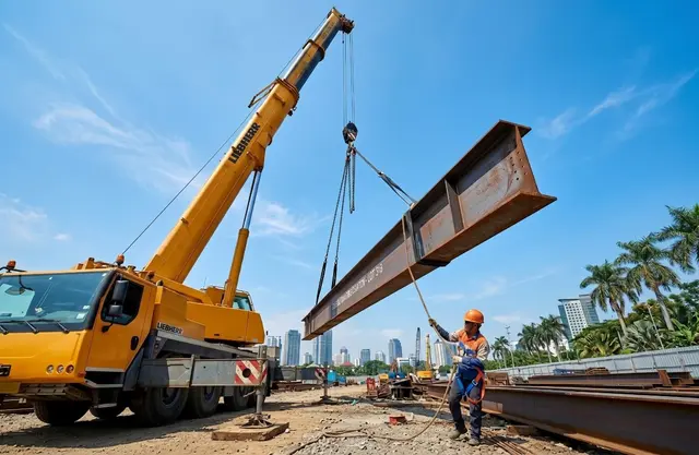 Proses pengangkatan (erection) besi H Beam panjang 12 meter oleh mobile crane untuk diposisikan sebagai kolom penyangga utama gedung.