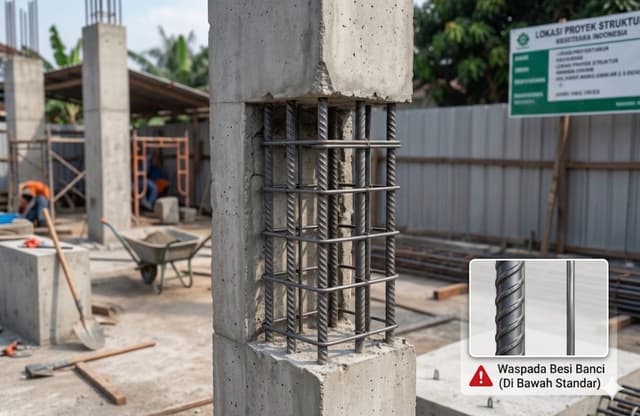 Close-up kolom beton dengan kerangka besi tulangan yang terbuka, di lokasi proyek konstruksi