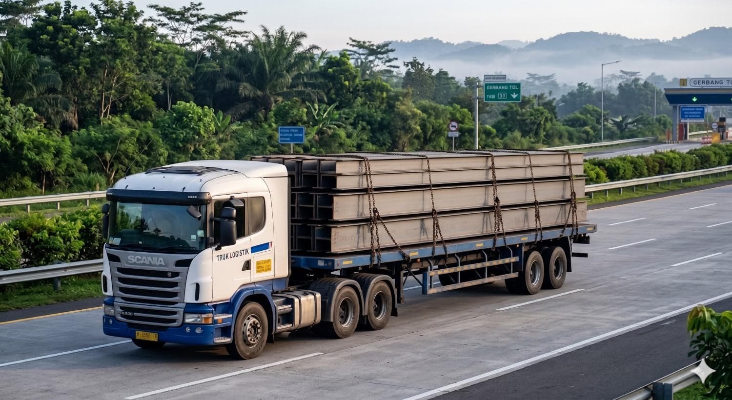 Truk trailer ekspedisi besi membawa muatan baja struktural