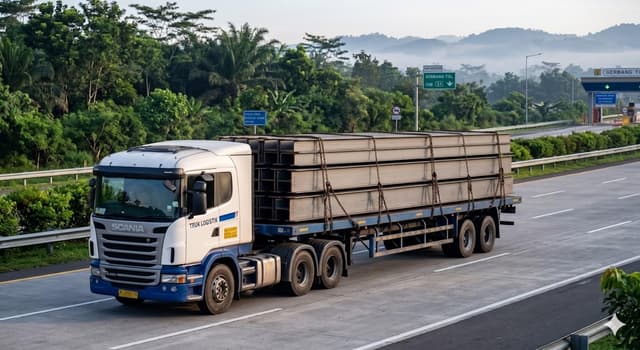 Truk trailer ekspedisi besi membawa muatan baja struktural
