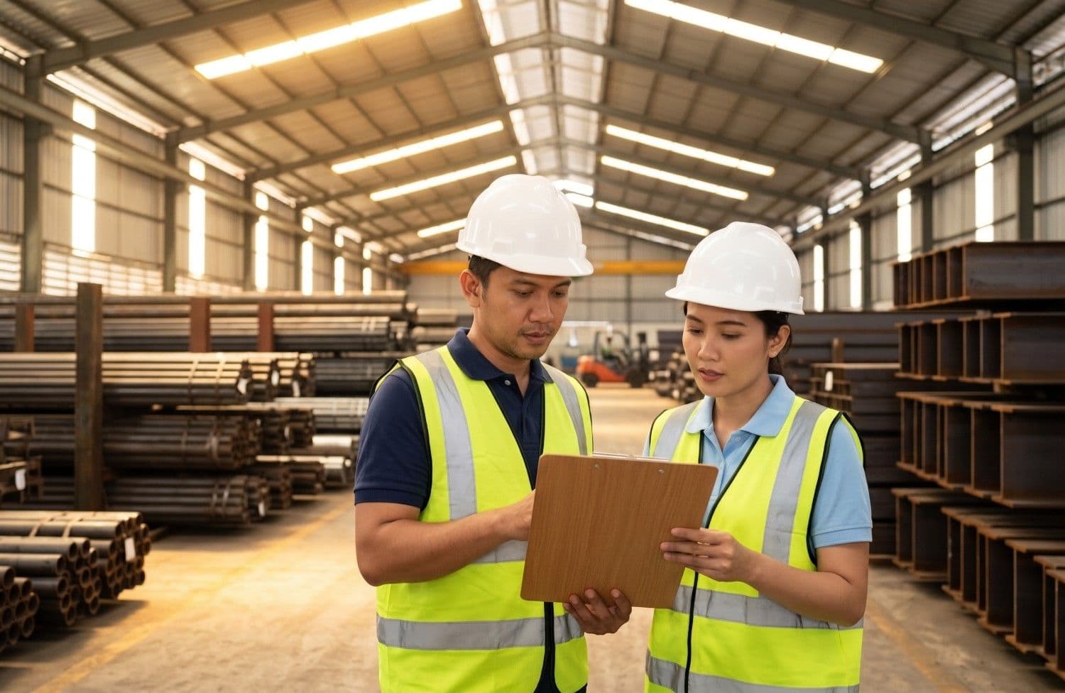 Dua pekerja proyek di Indonesia sedang mengecek dokumen Quality Assurance Certificate di depan tumpukan besi baja di dalam gudang.