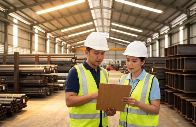 Dua pekerja proyek di Indonesia sedang mengecek dokumen Quality Assurance Certificate di depan tumpukan besi baja di dalam gudang.
