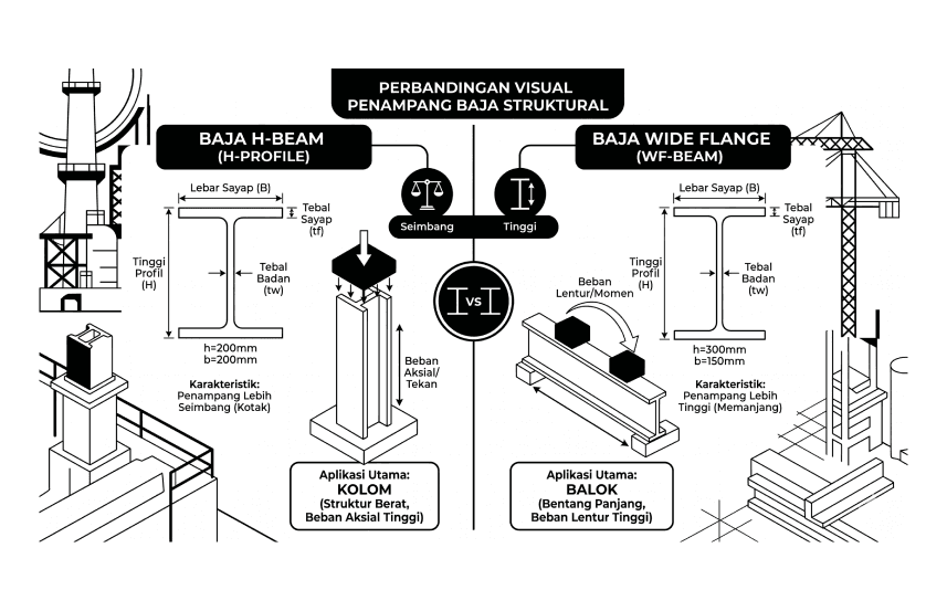 Perbedaan H Beam dan WF secara visual pada proporsi penampang baja struktural