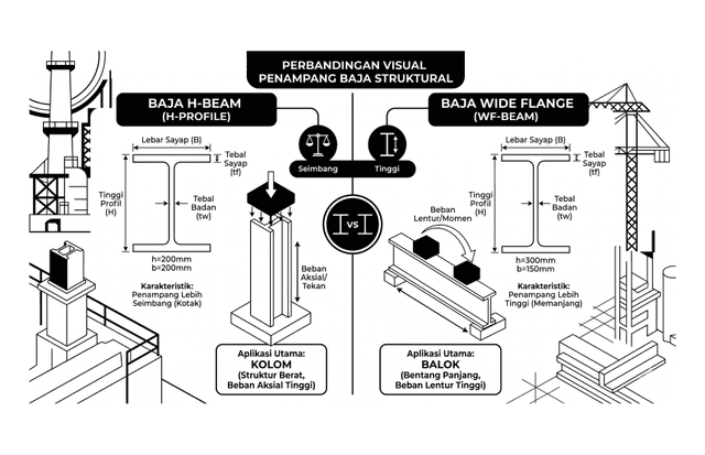 Perbedaan H Beam dan WF secara visual pada proporsi penampang baja struktural