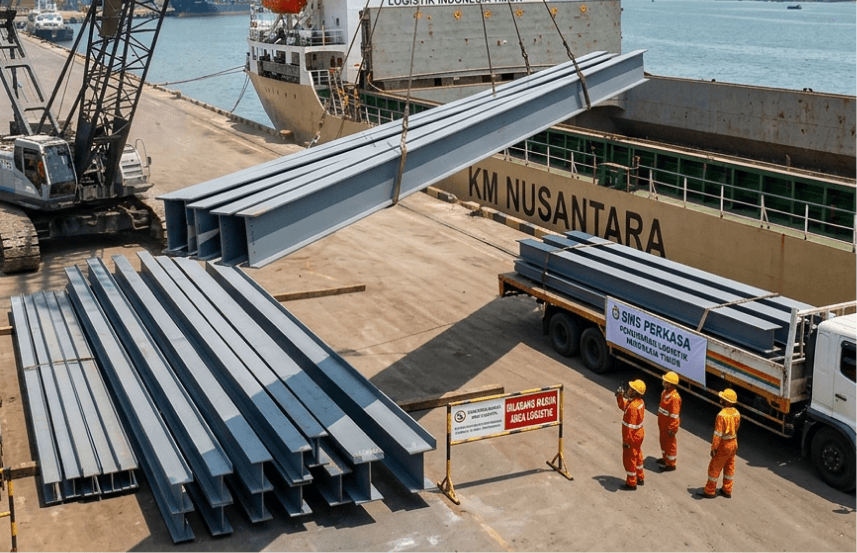 Proses pemuatan besi WF dan baja struktural di Pelabuhan Tanjung Perak Surabaya untuk pengiriman logistik material konstruksi ke wilayah Indonesia Timur