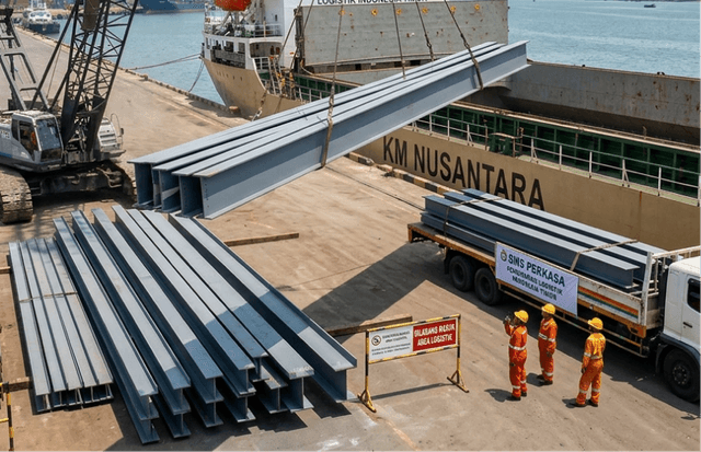 Proses pemuatan besi WF dan baja struktural di Pelabuhan Tanjung Perak Surabaya untuk pengiriman logistik material konstruksi ke wilayah Indonesia Timur