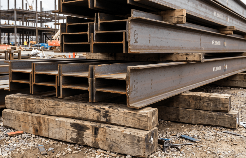 Detail tumpukan besi WF menggunakan bantalan kayu ganjalan dunnage untuk mencegah karat di area gudang proyek.