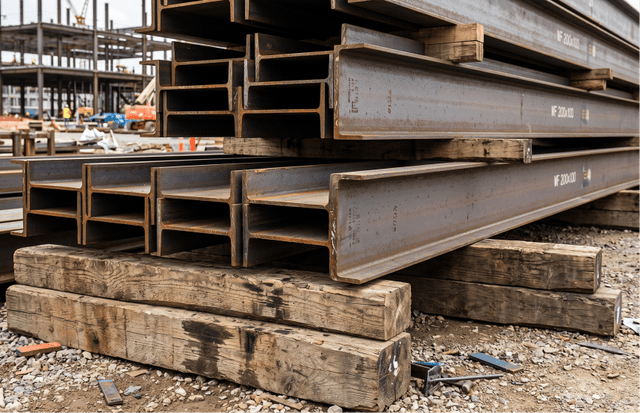 Detail tumpukan besi WF menggunakan bantalan kayu ganjalan dunnage untuk mencegah karat di area gudang proyek.