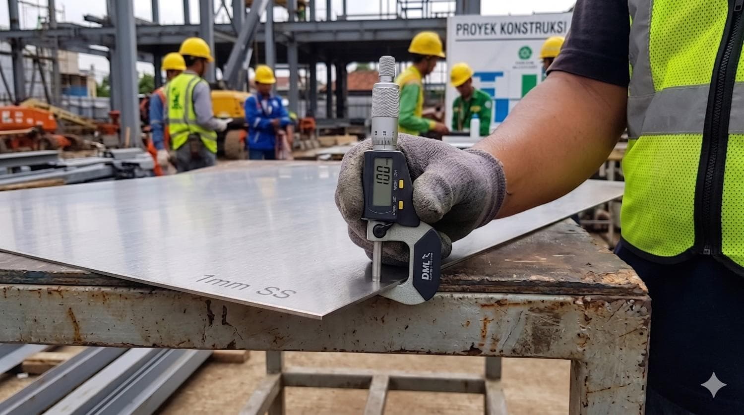 Pengukuran ketebalan material untuk memastikan kesesuaian harga plat stainless 1mm per lembar.