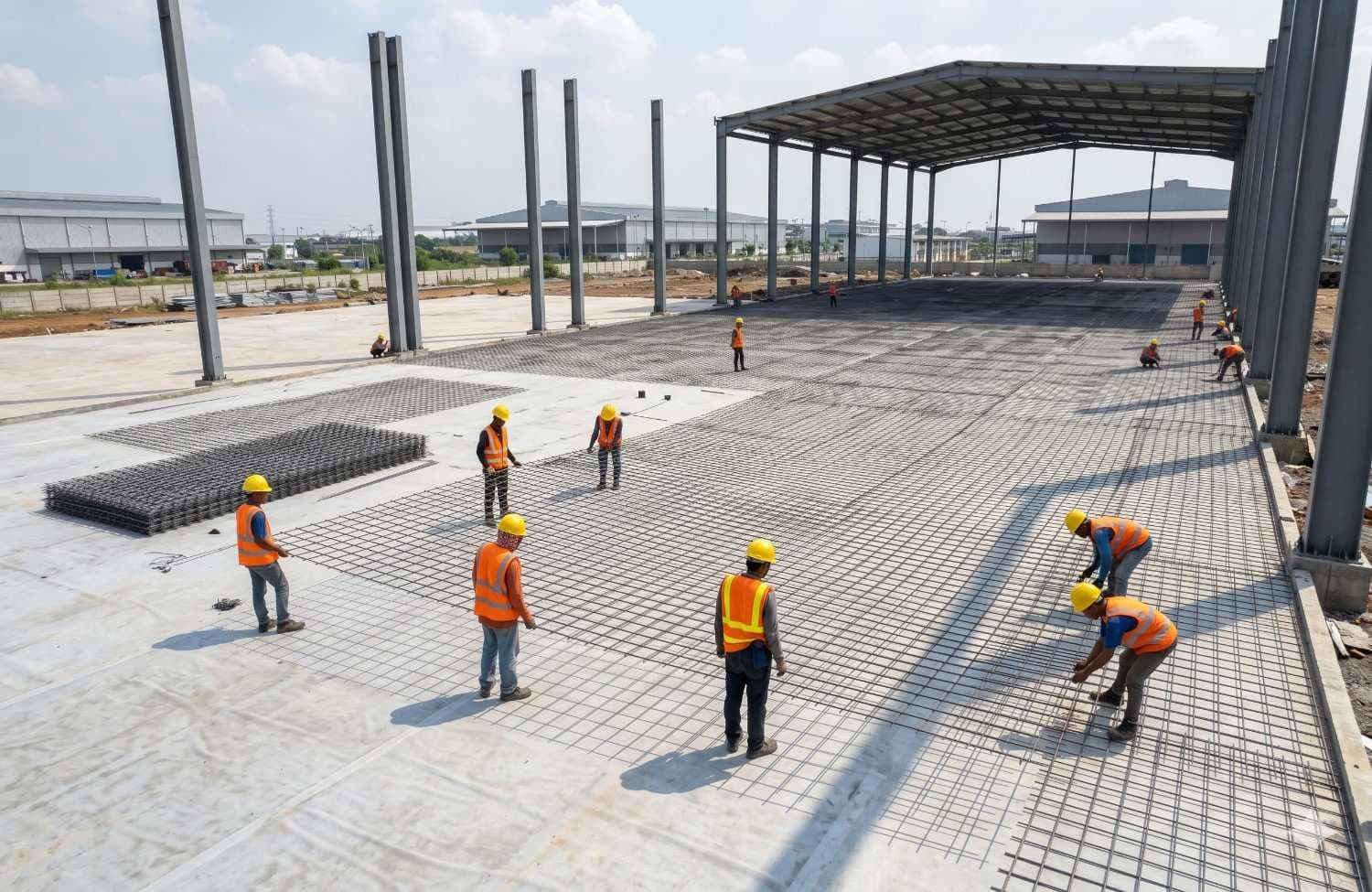Konstruksi lantai gudang logistik menggunakan besi wiremesh SNI untuk mencegah keretakan struktur beton di Indonesia.