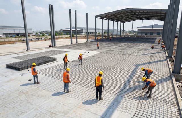 Konstruksi lantai gudang logistik menggunakan besi wiremesh SNI untuk mencegah keretakan struktur beton di Indonesia.