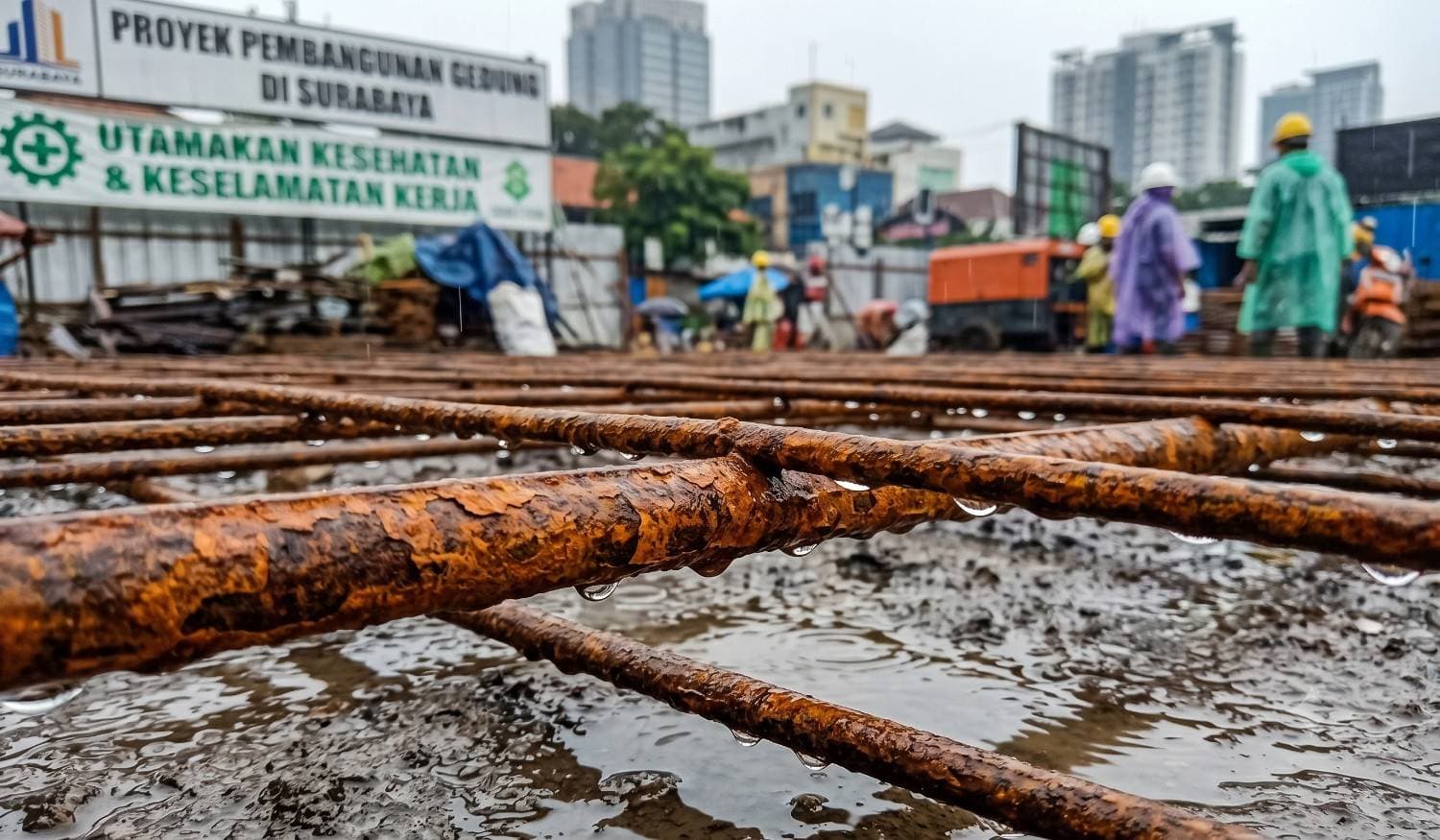 Detail karat pada besi wiremesh yang diletakkan langsung di atas tanah basah tanpa ganjalan pelindung.