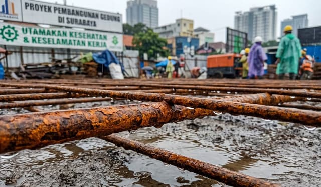 Detail karat pada besi wiremesh yang diletakkan langsung di atas tanah basah tanpa ganjalan pelindung.