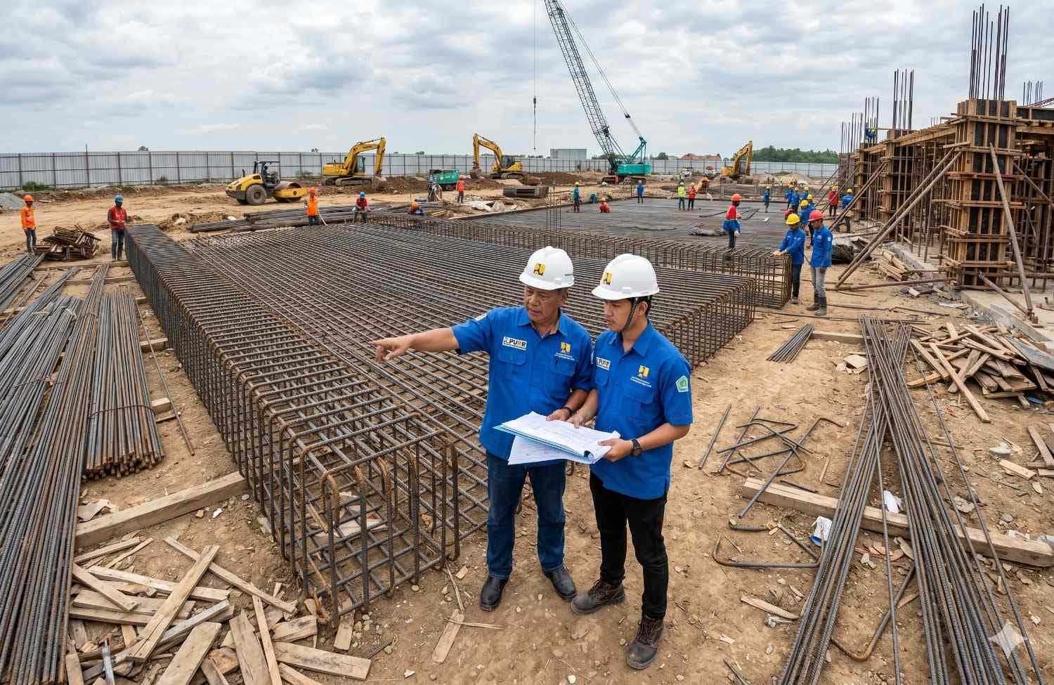 Tim konsultan pengawas proyek konstruksi sedang melakukan inspeksi pre-pour tulangan anyaman baja guna mencegah masuknya material non-standar.