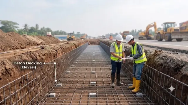 Pekerja konstruksi Indonesia sedang memasang lembaran wiremesh cor M8 di dalam saluran drainase beton pinggir jalan raya nasional.