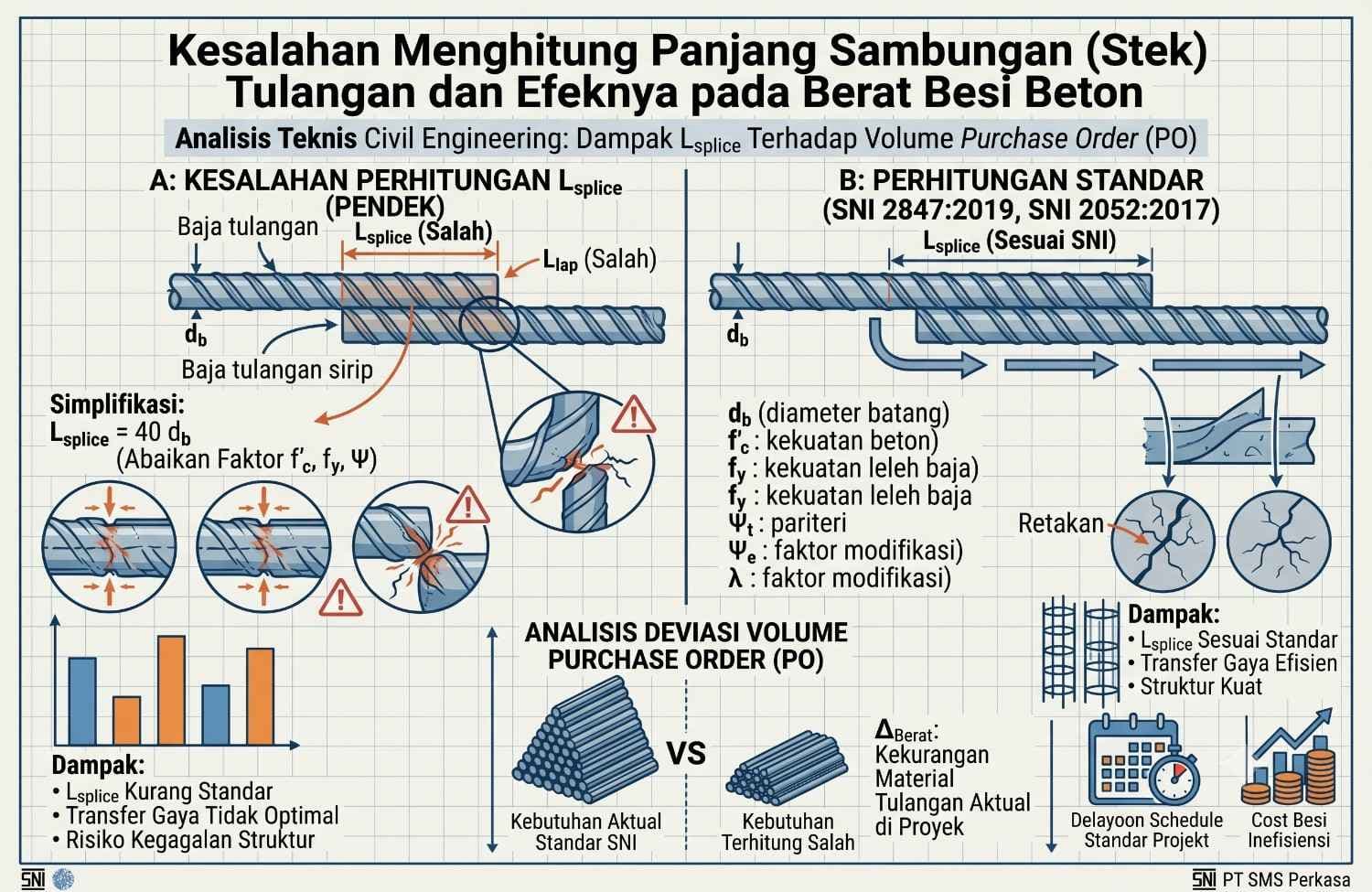 Infografis teknik sipil yang membandingkan panjang sambungan (Lsplice) tulangan besi beton yang salah (pendek) vs standar SNI