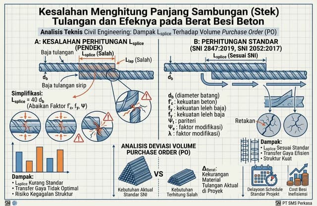 Infografis teknik sipil yang membandingkan panjang sambungan (Lsplice) tulangan besi beton yang salah (pendek) vs standar SNI