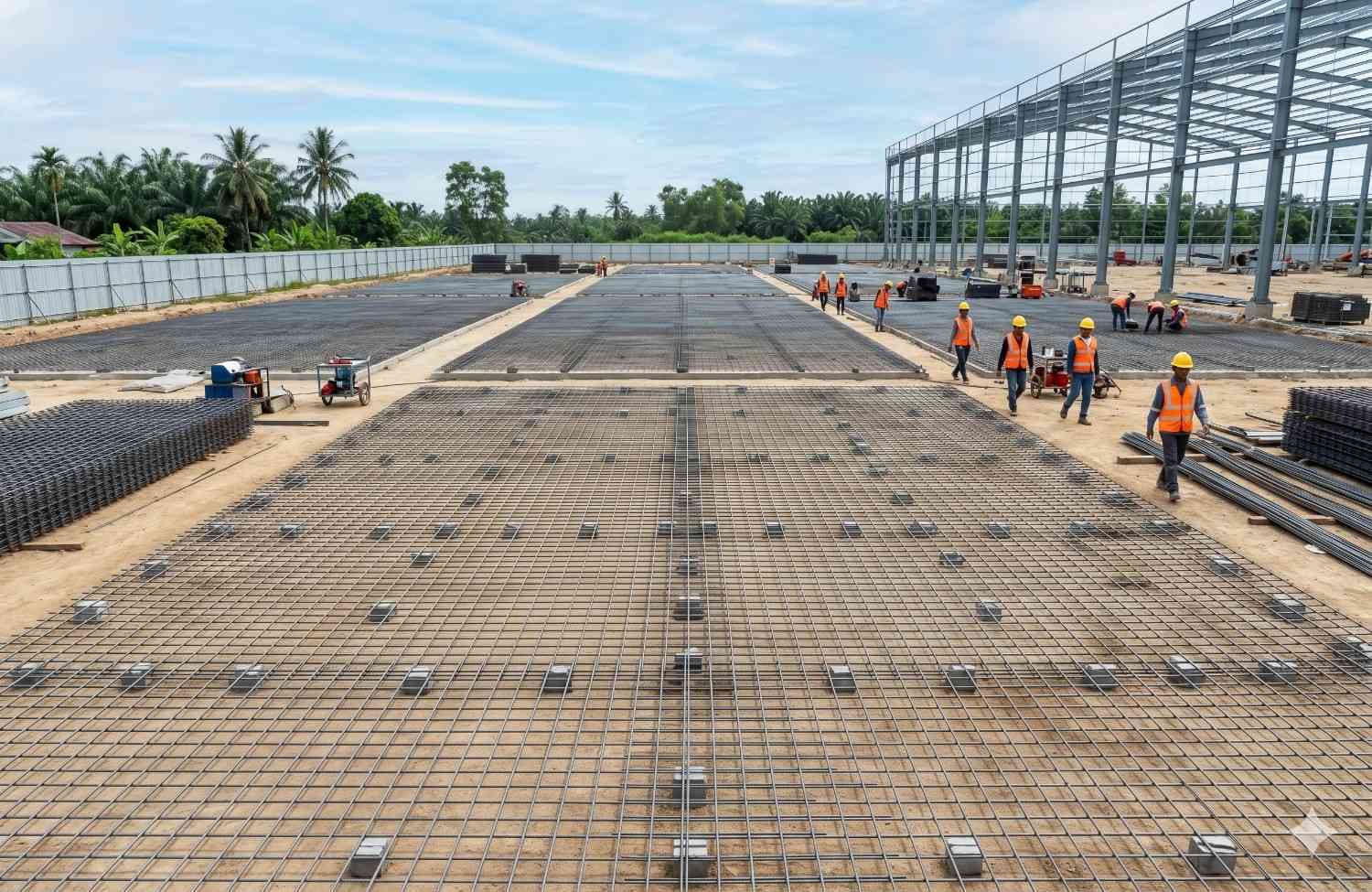 Pemasangan jaring baja wiremesh lembaran yang rapi pada proyek pengecoran lantai slab skala besar di Indonesia.