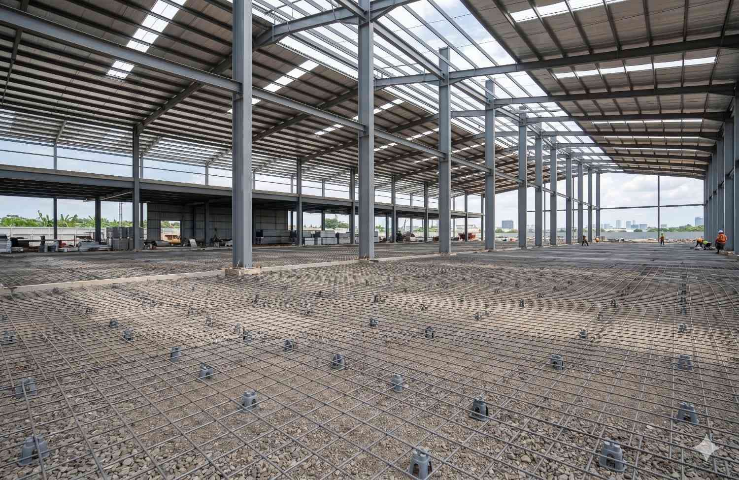 Penataan material wiremesh lembaran di atas lantai kerja proyek pembangunan gudang logistik industrial sebelum proses pengecoran beton.