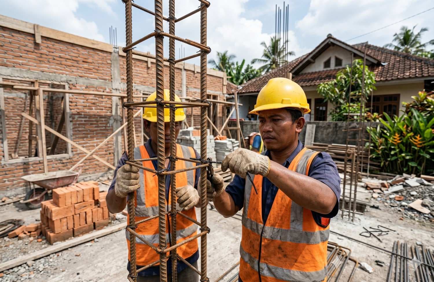 Pekerja konstruksi sedang merakit besi beton ulir diameter 12mm untuk kolom utama rumah 2 lantai.