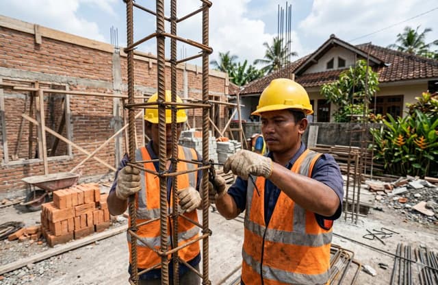 Pekerja konstruksi sedang merakit besi beton ulir diameter 12mm untuk kolom utama rumah 2 lantai.