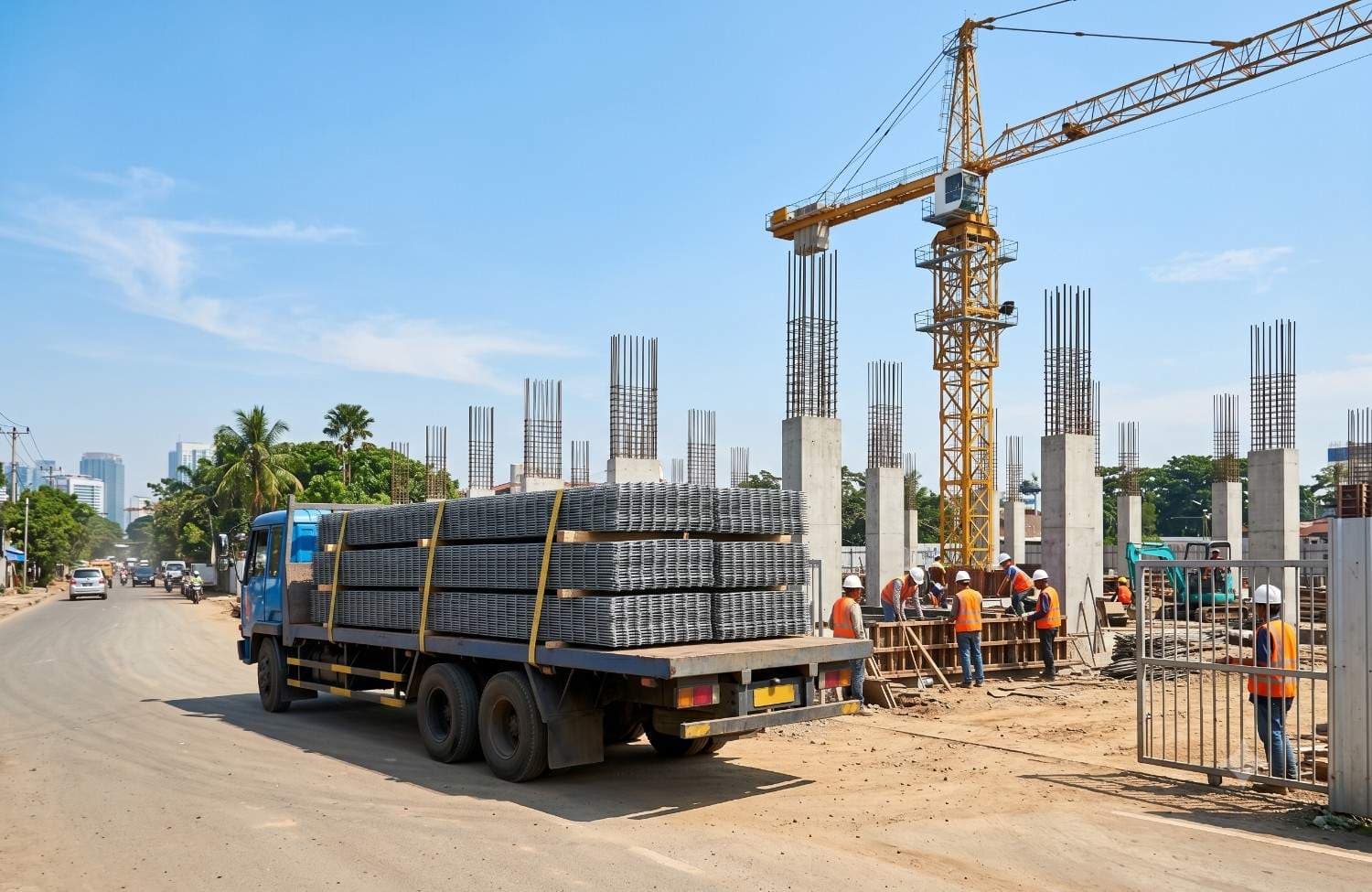 Proses pengiriman wiremesh menggunakan truk logistik flatbed di area proyek konstruksi Indonesia.