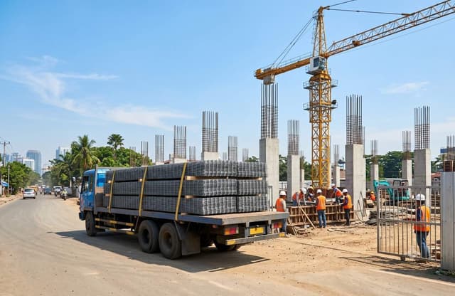 Proses pengiriman wiremesh menggunakan truk logistik flatbed di area proyek konstruksi Indonesia.