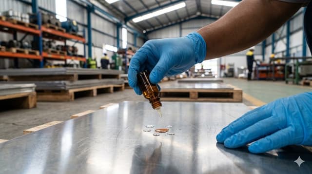 Proses uji cairan kimia untuk membedakan stainless 304 asli dan 201 oleh petugas QC di gudang material.