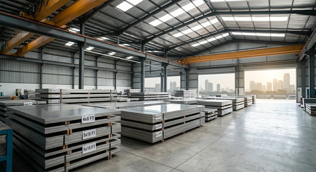 Tumpukan stok plat stainless steel ukuran standar 4x8 feet dan 5x10