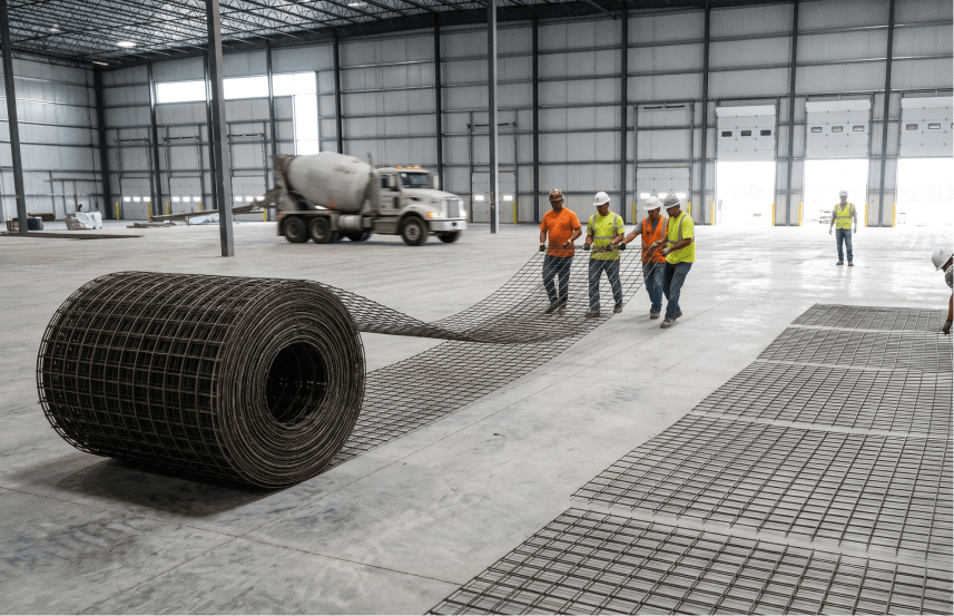 Pekerja konstruksi menggelar wiremesh roll atau sheet untuk lantai gudang logistik.