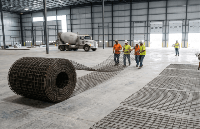 Pekerja konstruksi menggelar wiremesh roll atau sheet untuk lantai gudang logistik.